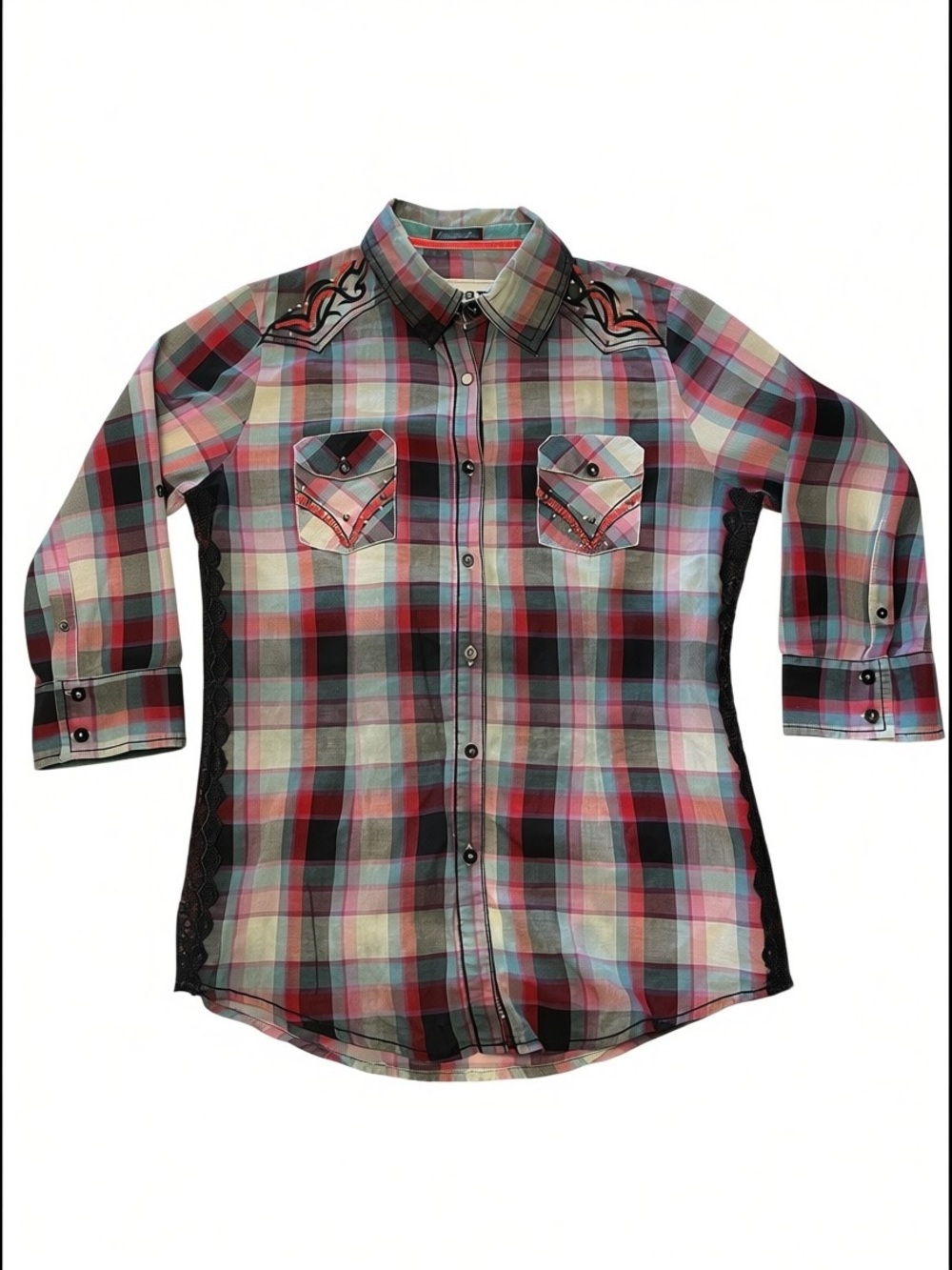Cowgirl Core Sequined Embroidered Plaid Womens Shirt w/ Lace Embellishments